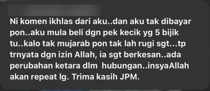 Komen pelanggan: mula dengan pek 5 biji, akan repeat